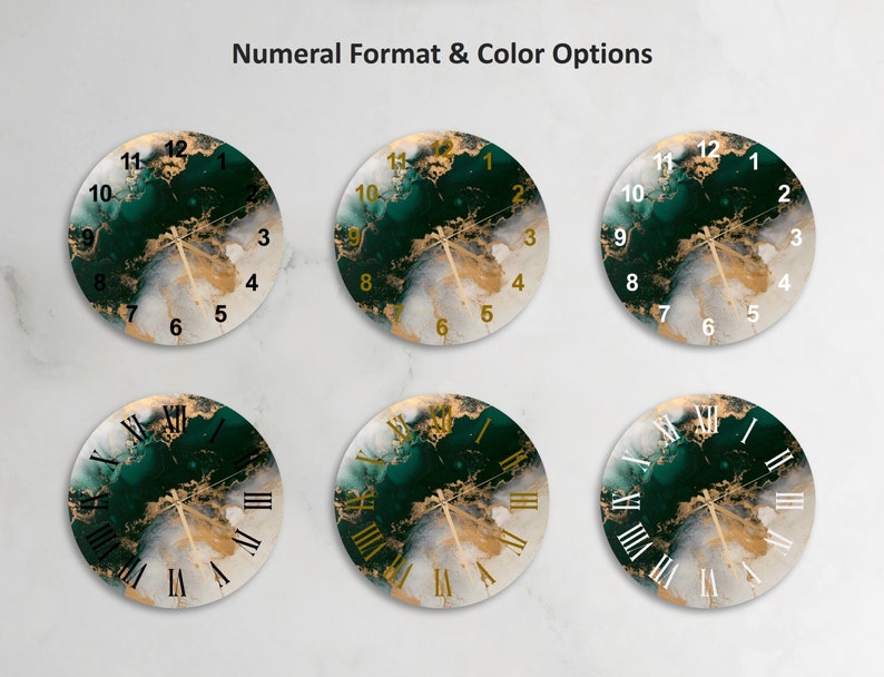 Marbré or émeraude sur verre trempé avec horloge murale contemporaine