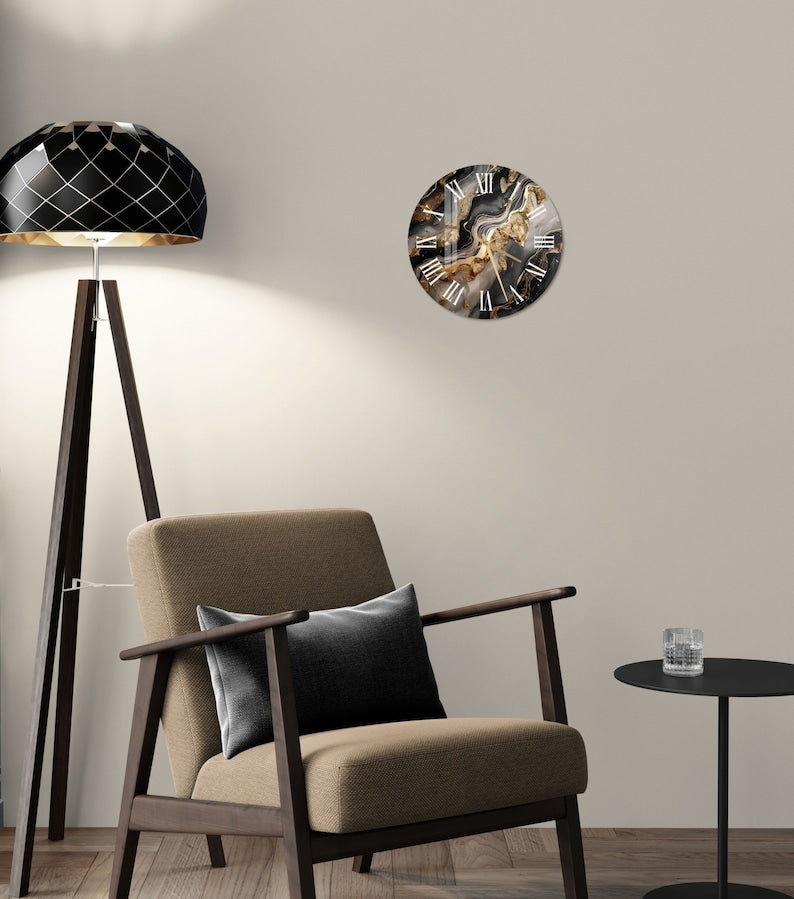 Style marbré doré sur verre trempé avec horloge murale déco moderne