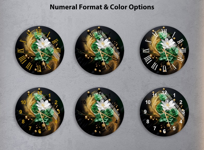 Motif floral vert blanc sur verre trempé avec horloge murale abstraite