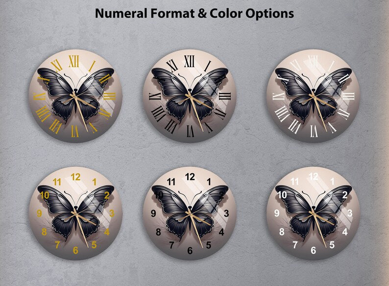 Papillon coloré sur verre trempé avec horloge murale élégante et unique