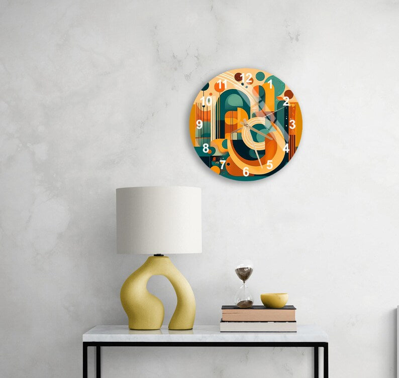 Formes rétro orange sur verre trempé avec horloge murale bohème colorée