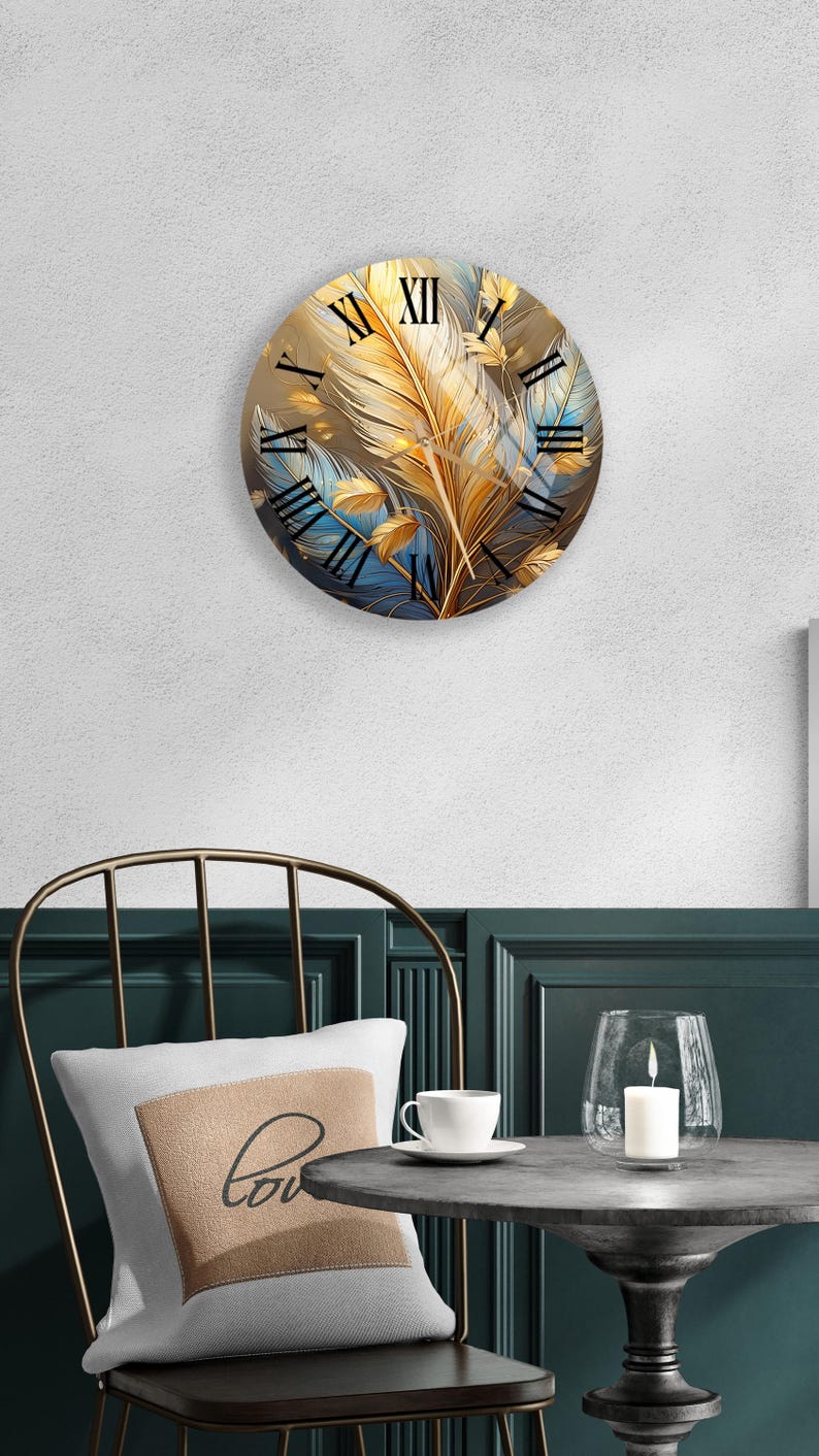 Feuille d’or sur fond bleu en verre trempé avec horloge murale cuisine