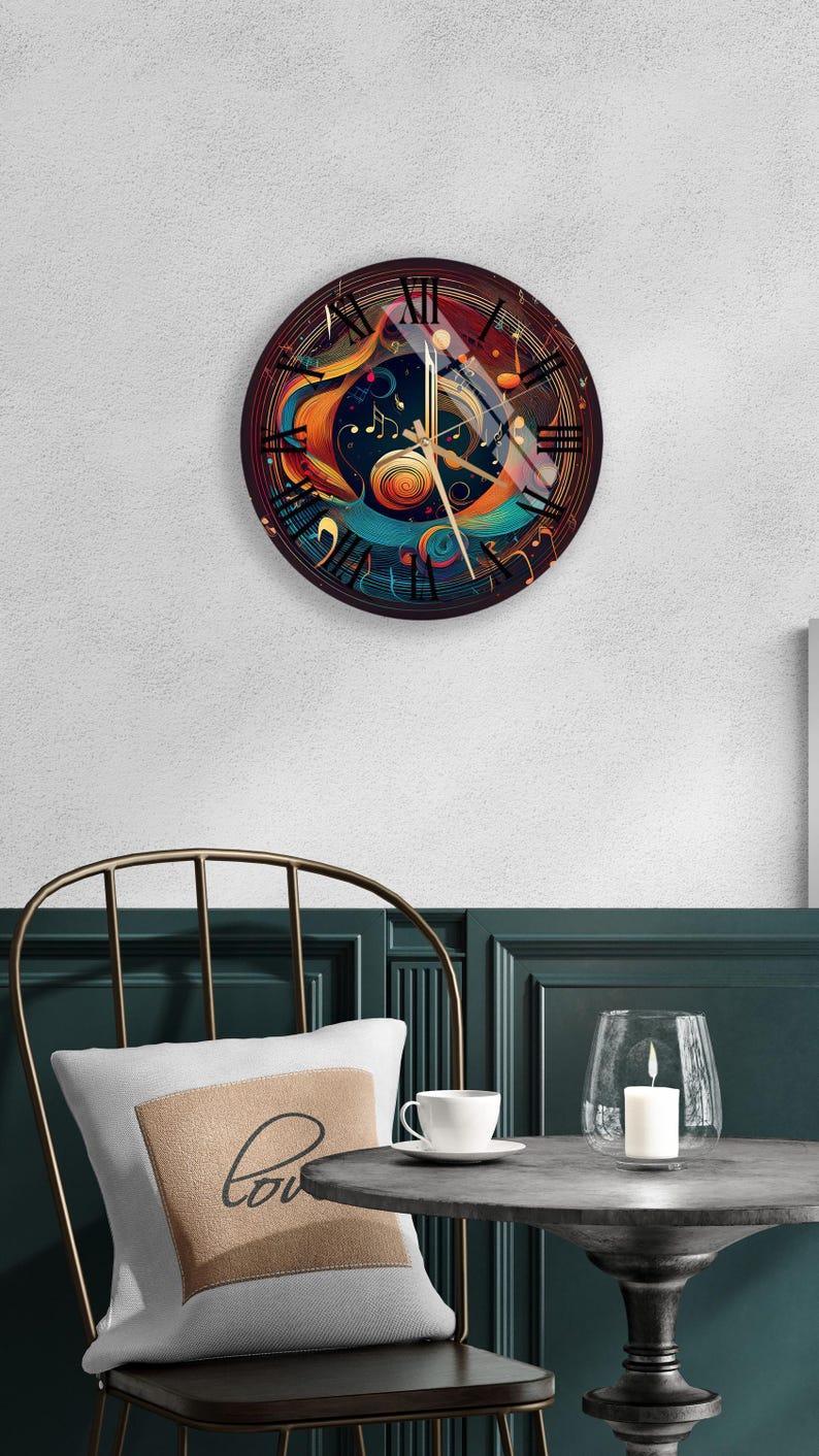 Notes musicales colorées sur verre trempé avec horloge murale déco musique