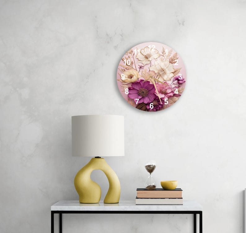 Fleurs rose jaune sur verre trempé avec horloge murale florale élégante