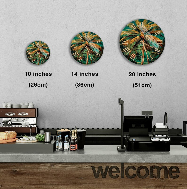 Île tropicale en déco avec horloge murale palmier en verre trempé
