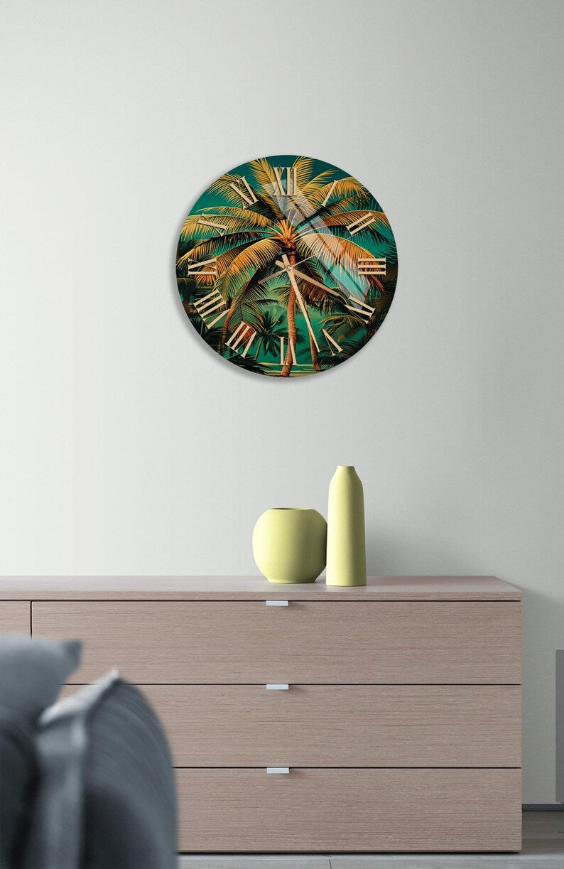 Île tropicale en déco avec horloge murale palmier en verre trempé