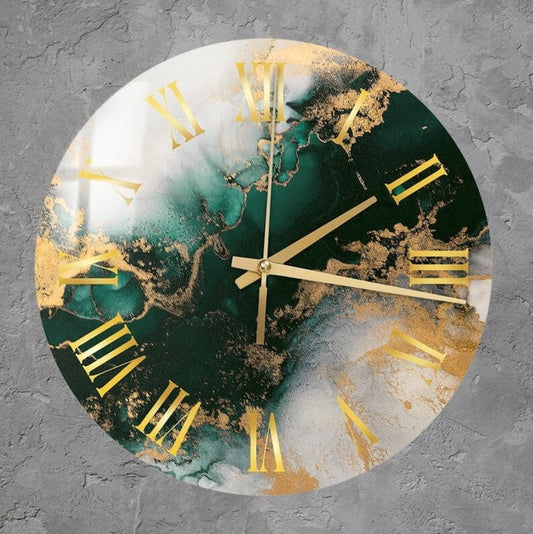 Marbré or émeraude sur verre trempé avec horloge murale contemporaine