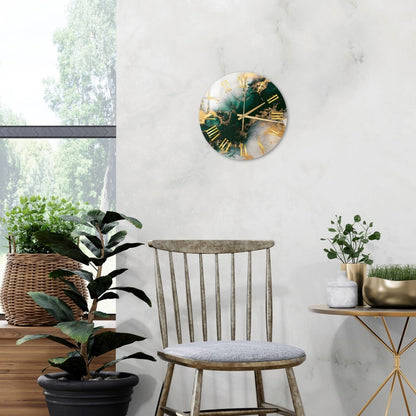 Marbré or émeraude sur verre trempé avec horloge murale contemporaine