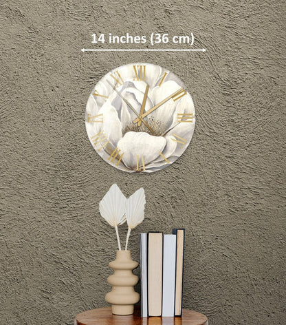 Fleurs blanches sur verre trempé avec horloge murale pivoine élégante