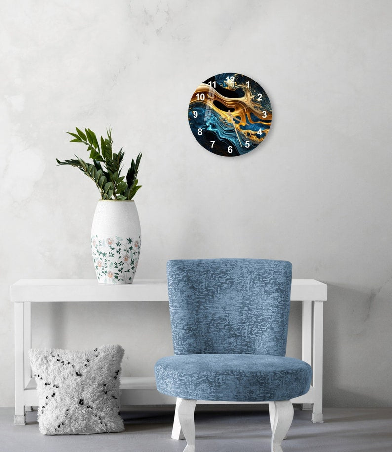 Marbré bleu marine or sur verre trempé avec horloge murale déco maison