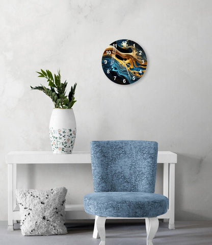 Marbré bleu marine or sur verre trempé avec horloge murale déco maison