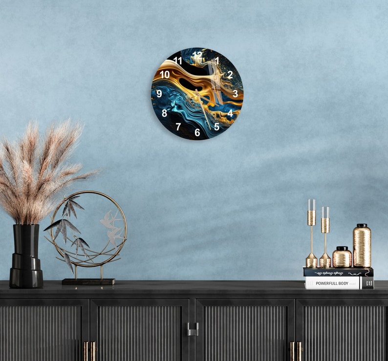 Marbré bleu marine or sur verre trempé avec horloge murale déco maison