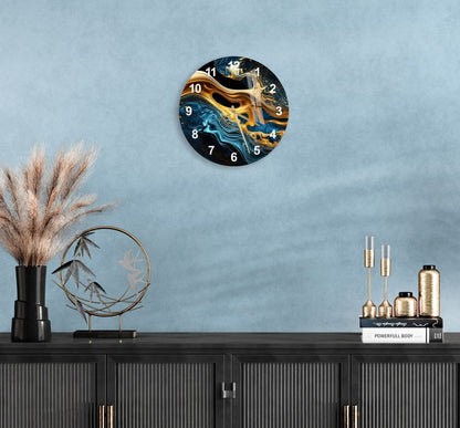 Marbré bleu marine or sur verre trempé avec horloge murale déco maison