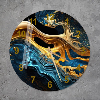Marbré bleu marine or sur verre trempé avec horloge murale déco maison