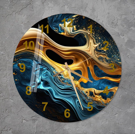 Marbré bleu marine or sur verre trempé avec horloge murale déco maison