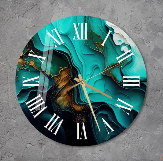 Marbré émeraude or sur verre trempé avec horloge murale déco moderne