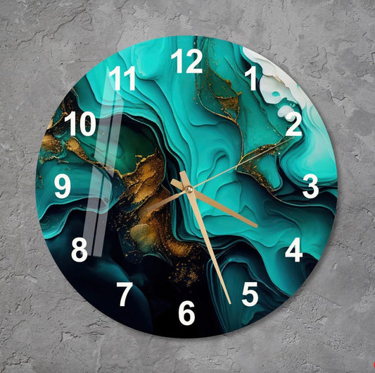 Marbré émeraude or sur verre trempé avec horloge murale déco moderne