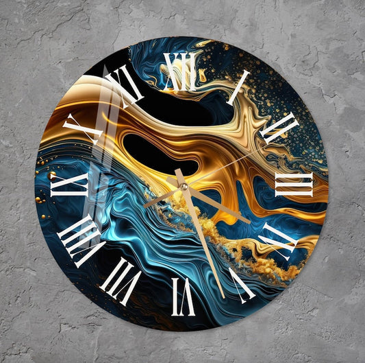 Marbré bleu marine or sur verre trempé avec horloge murale déco maison