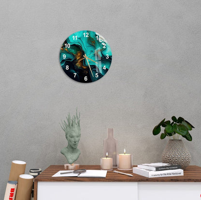 Marbré émeraude or sur verre trempé avec horloge murale déco moderne