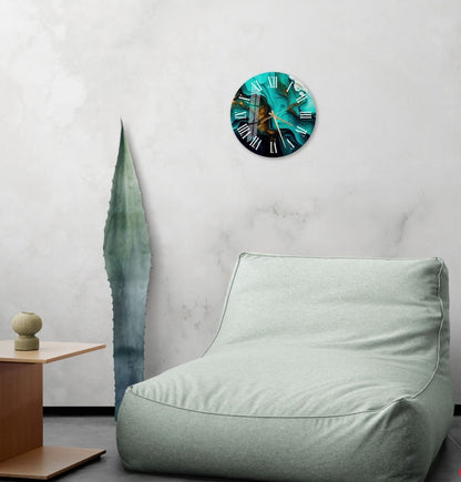 Marbré émeraude or sur verre trempé avec horloge murale déco moderne