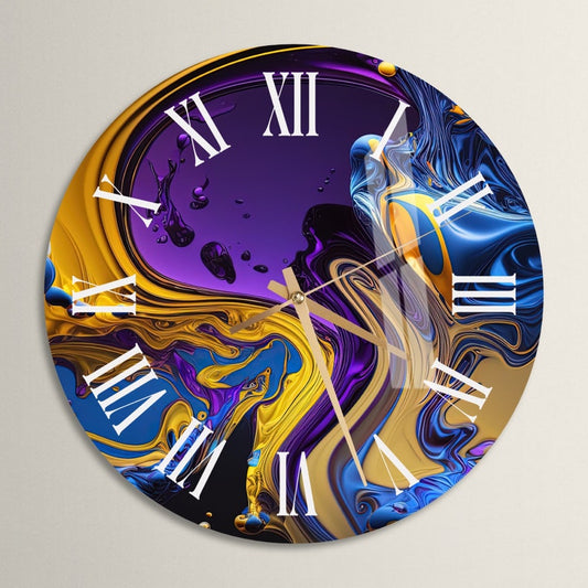 Couleurs dorées abstraites sur verre trempé avec horloge murale salon
