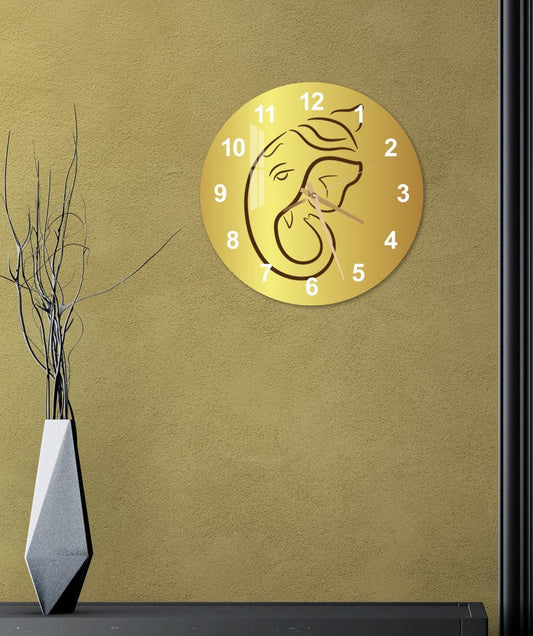 Ganesh doré sur verre trempé avec horloge murale hindoue pour le salon