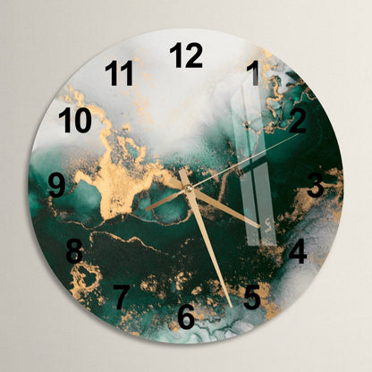 Style marbré vert doré sur verre trempé avec horloge murale contemporaine