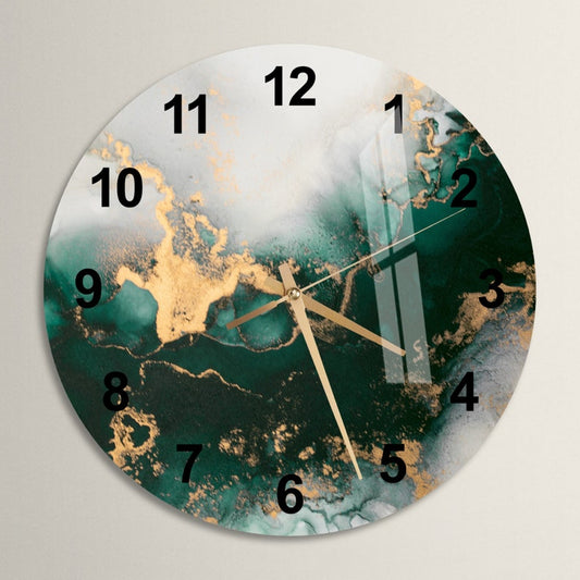 Style marbré vert doré sur verre trempé avec horloge murale contemporaine