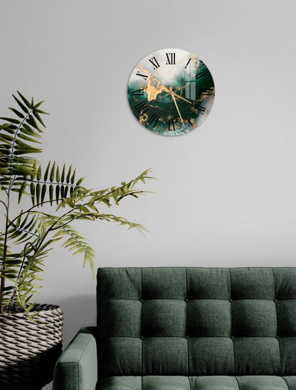 Style marbré vert doré sur verre trempé avec horloge murale contemporaine