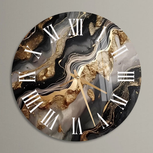 Style marbré doré sur verre trempé avec horloge murale déco moderne