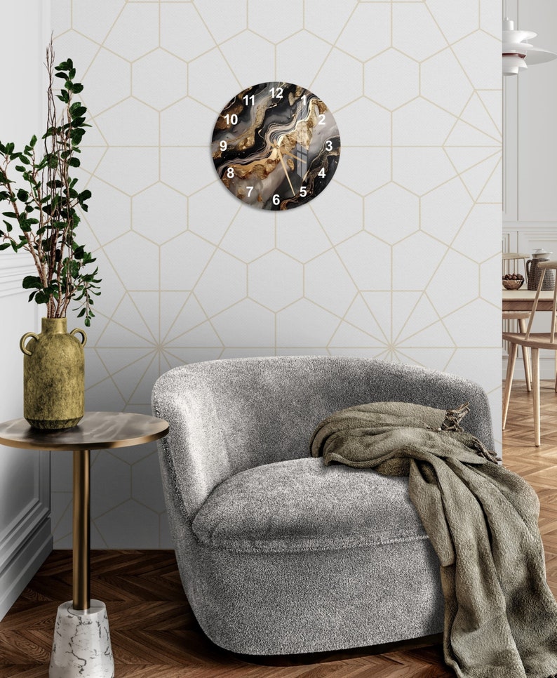 Style marbré doré sur verre trempé avec horloge murale déco moderne