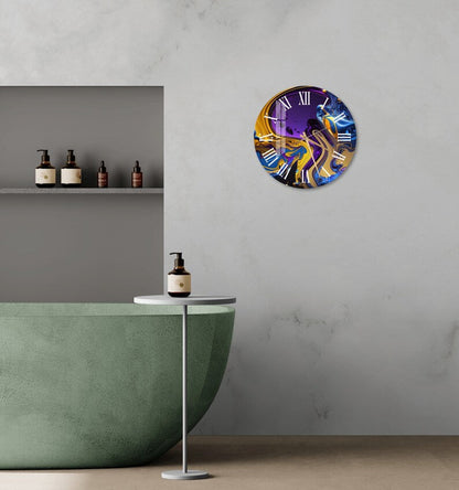 Couleurs dorées abstraites sur verre trempé avec horloge murale salon
