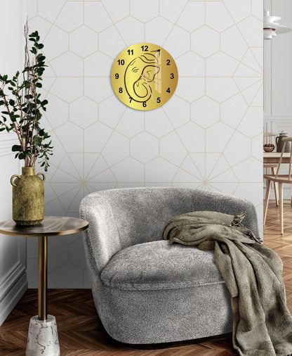 Ganesh doré sur verre trempé avec horloge murale hindoue pour le salon