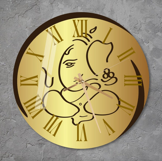 Ganesh doré en art hindou avec horloge murale en verre pour le salon