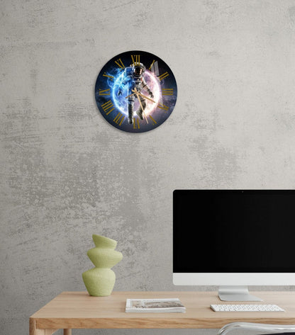 Astronaute et espace abstrait sur verre trempé avec horloge murale déco