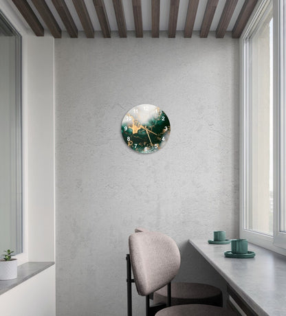 Style marbré vert doré sur verre trempé avec horloge murale contemporaine