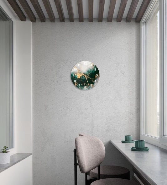 Style marbré vert doré sur verre trempé avec horloge murale contemporaine