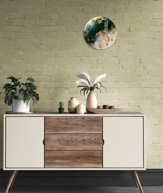 Marbré or émeraude sur verre trempé avec horloge murale contemporaine