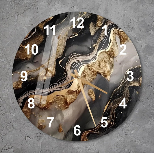 Style marbré doré sur verre trempé avec horloge murale déco moderne