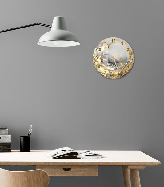 Marbre gris doré sur verre trempé avec horloge murale abstraite élégante
