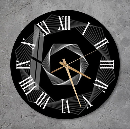 Motif géométrique foncé sur verre trempé avec horloge murale moderne