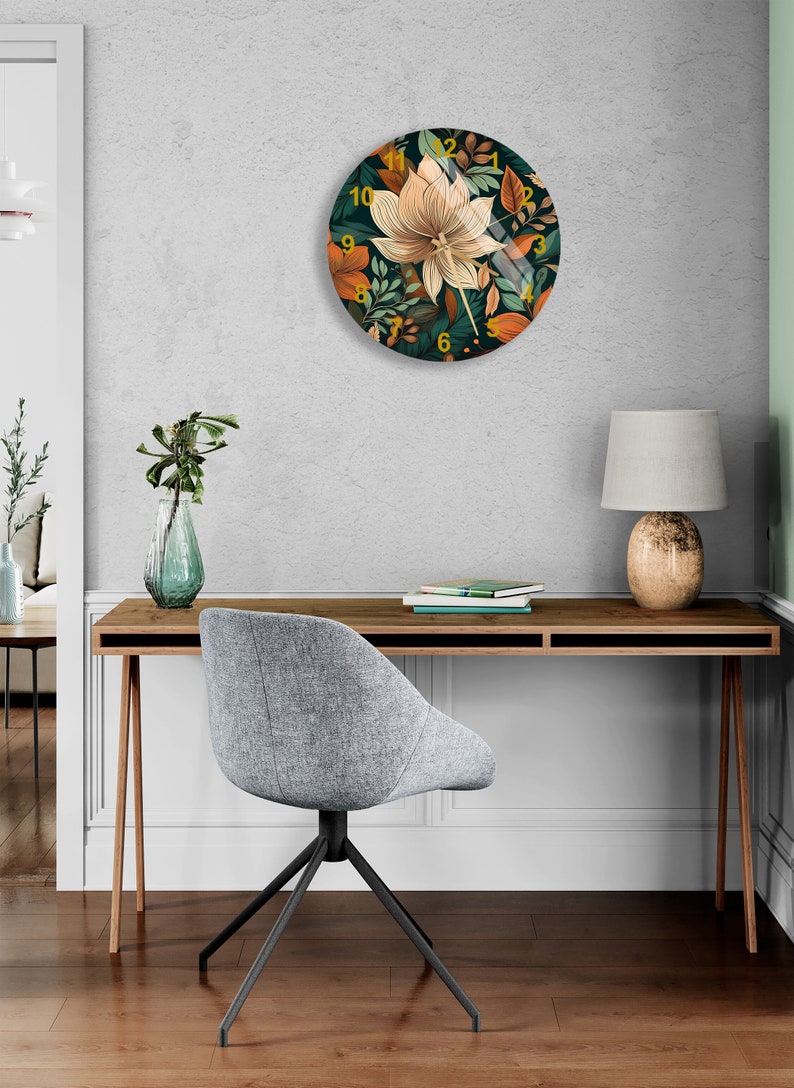 Feuillage vert floral sur verre trempé avec horloge murale tropicale