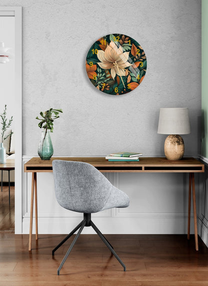 Feuillage vert floral sur verre trempé avec horloge murale tropicale