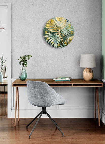 Feuilles de palmier or vert sur verre trempé avec horloge murale déco