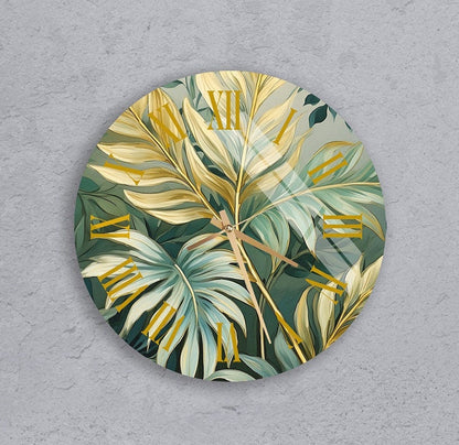 Feuilles de palmier or vert sur verre trempé avec horloge murale déco