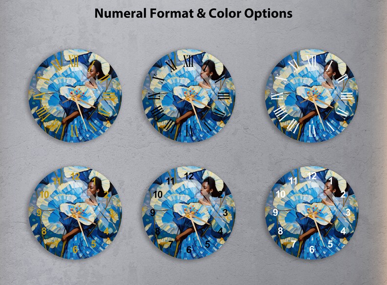 Fleurs bleues et femme au jardin sur verre trempé avec horloge murale dorée