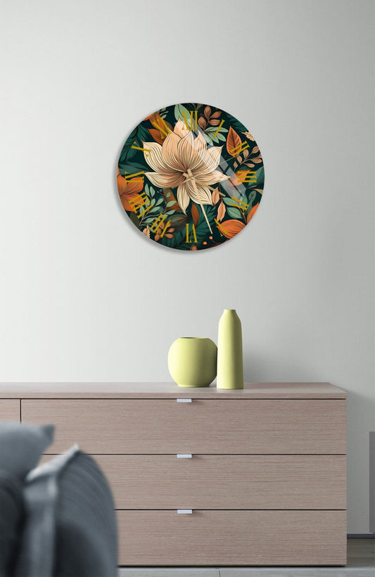 Feuilles tropicales vertes sur verre trempé avec horloge murale déco