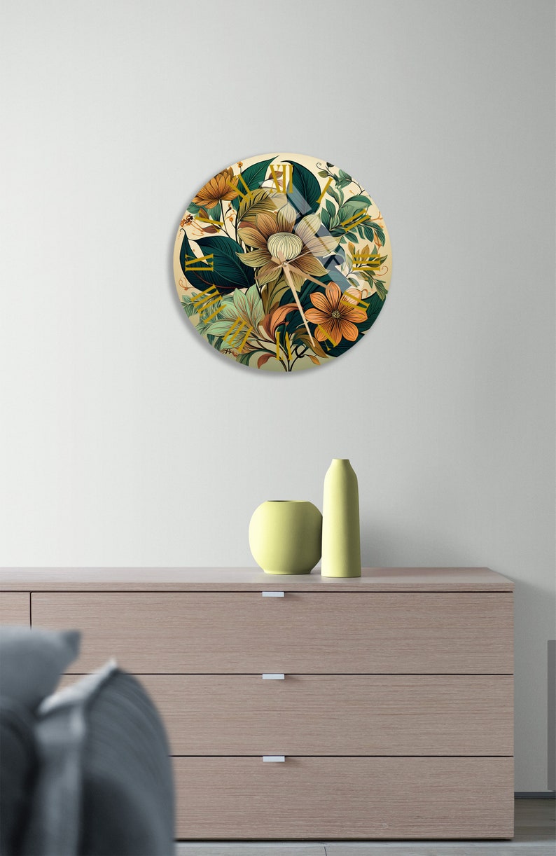 Feuillage exotique vert sur verre trempé avec horloge murale botanique