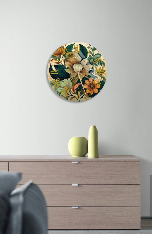 Feuillage exotique vert sur verre trempé avec horloge murale botanique