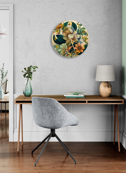 Feuillage exotique vert sur verre trempé avec horloge murale botanique